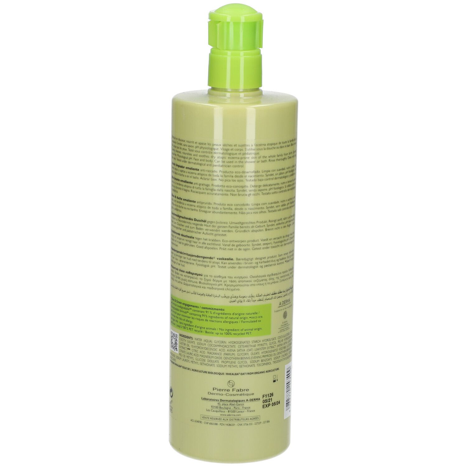 Groene fles met pomp. Achterkant met tekst. A-DERMA, EXOMEGA CONTROL, Emollient Shower Oil. 750ml.