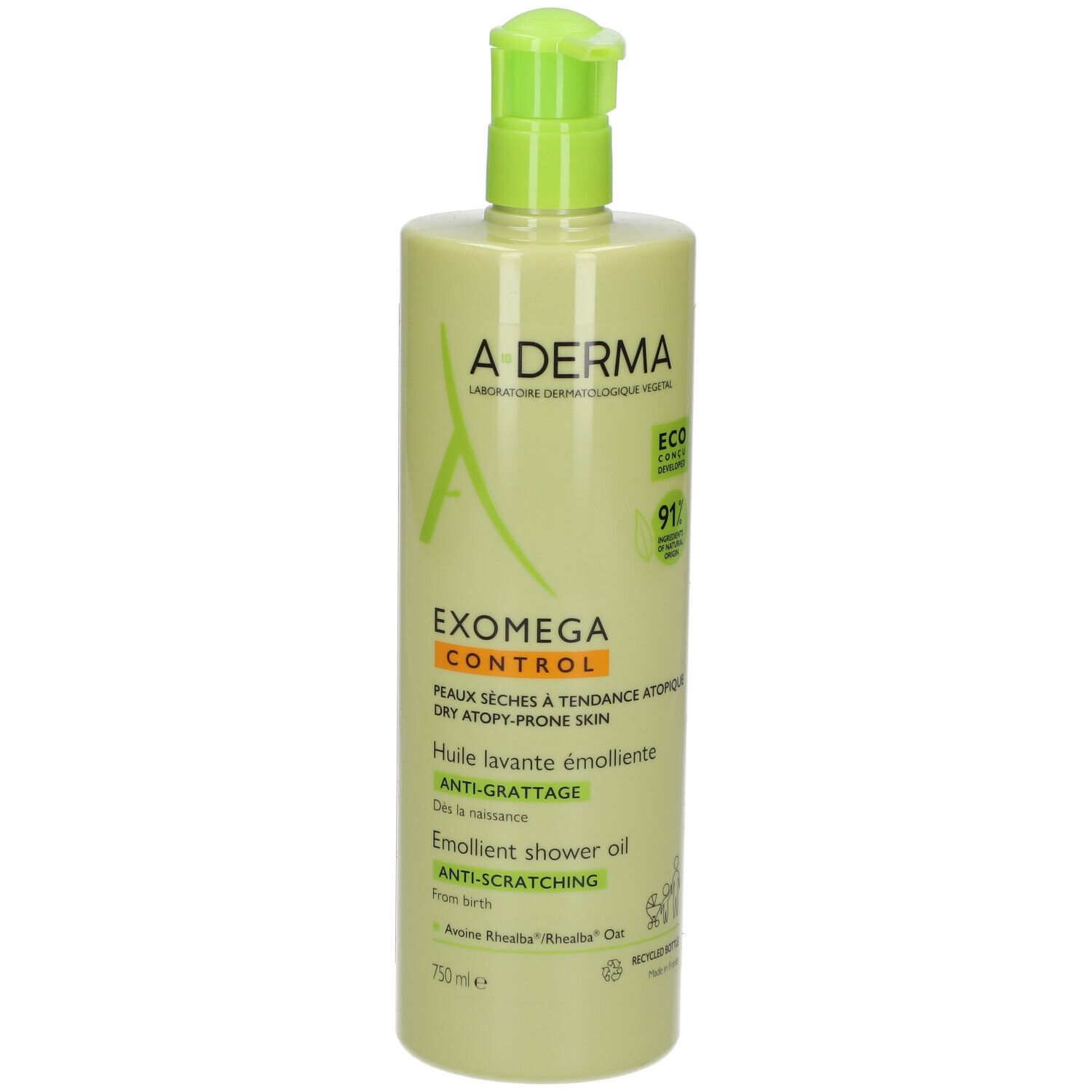 Groene fles met pomp. Opschrift A-DERMA, EXOMEGA CONTROL, Emollient Shower Oil. Eco-label.