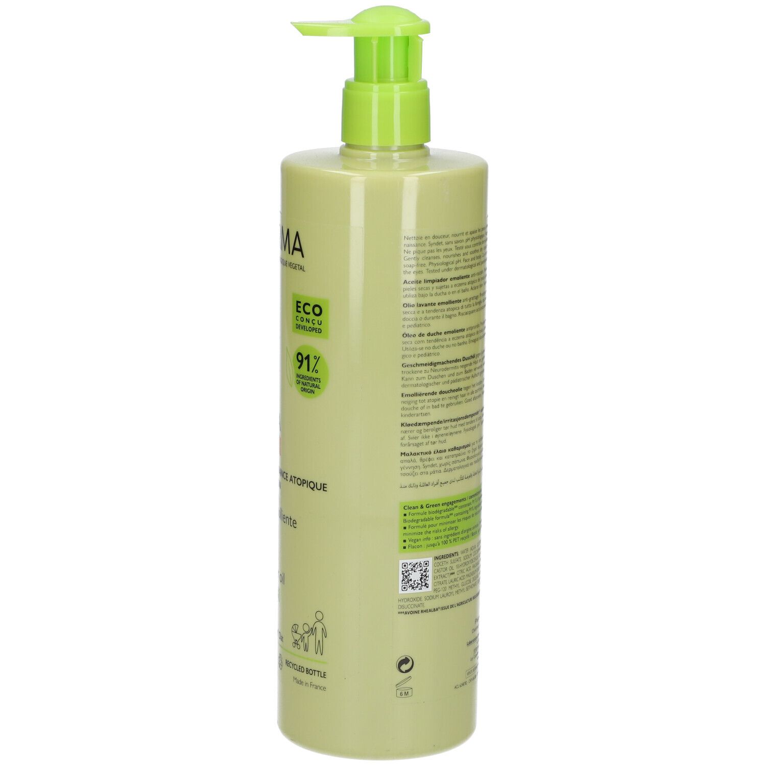 Groene fles met pomp. Achterkant met tekst. A-DERMA, EXOMEGA CONTROL, Emollient Shower Oil. Eco-label.