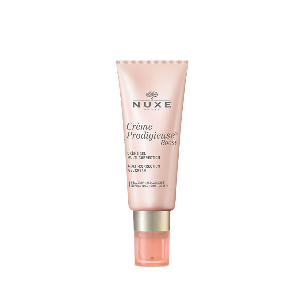 Tube rose avec "NUXE" et "Crème Prodigieuse Boost". Texture gel-crème. 