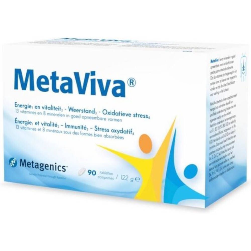 Boîte MetaViva®. Carton blanc avec nom du produit et informations sur les ingrédients. Logo Metagenics.