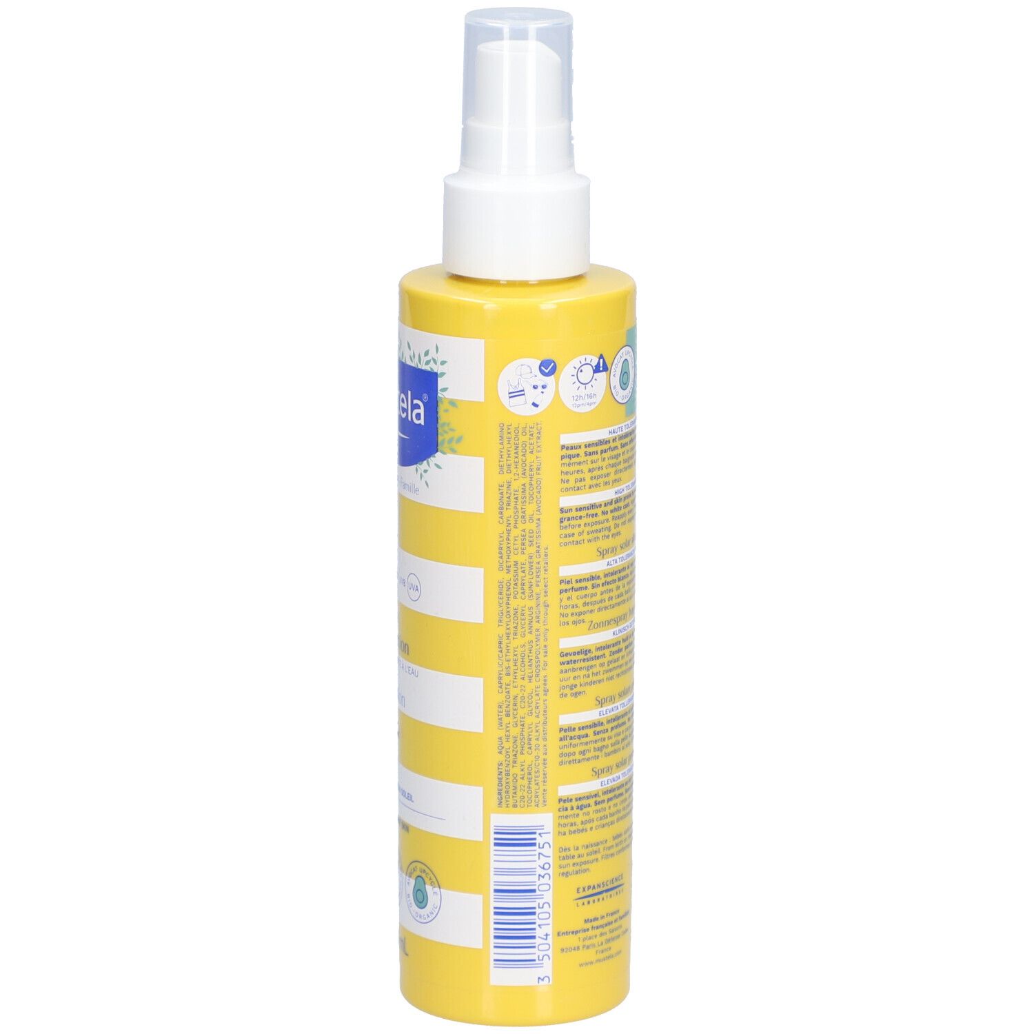 Dos d'un flacon spray jaune avec tête blanche. Texte et logos. Informations sur le produit.