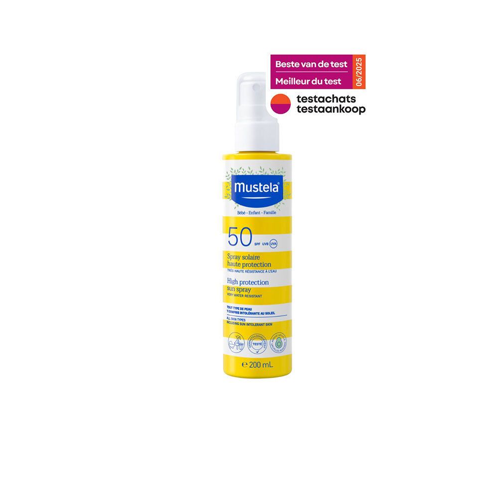 Flacon spray jaune avec tête blanche. Inscription: Mustela, 50 SPF, Spray solaire haute protection. Résistant à l'eau. Logo Testachats.