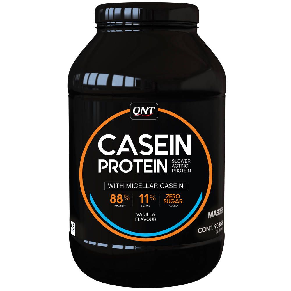 Schwarze Dose QNT Casein Protein Vanille. Aufschrift: Casein Protein, 88% Protein, 11% BCAAs, Zero Sugar. Vanille-Aroma.