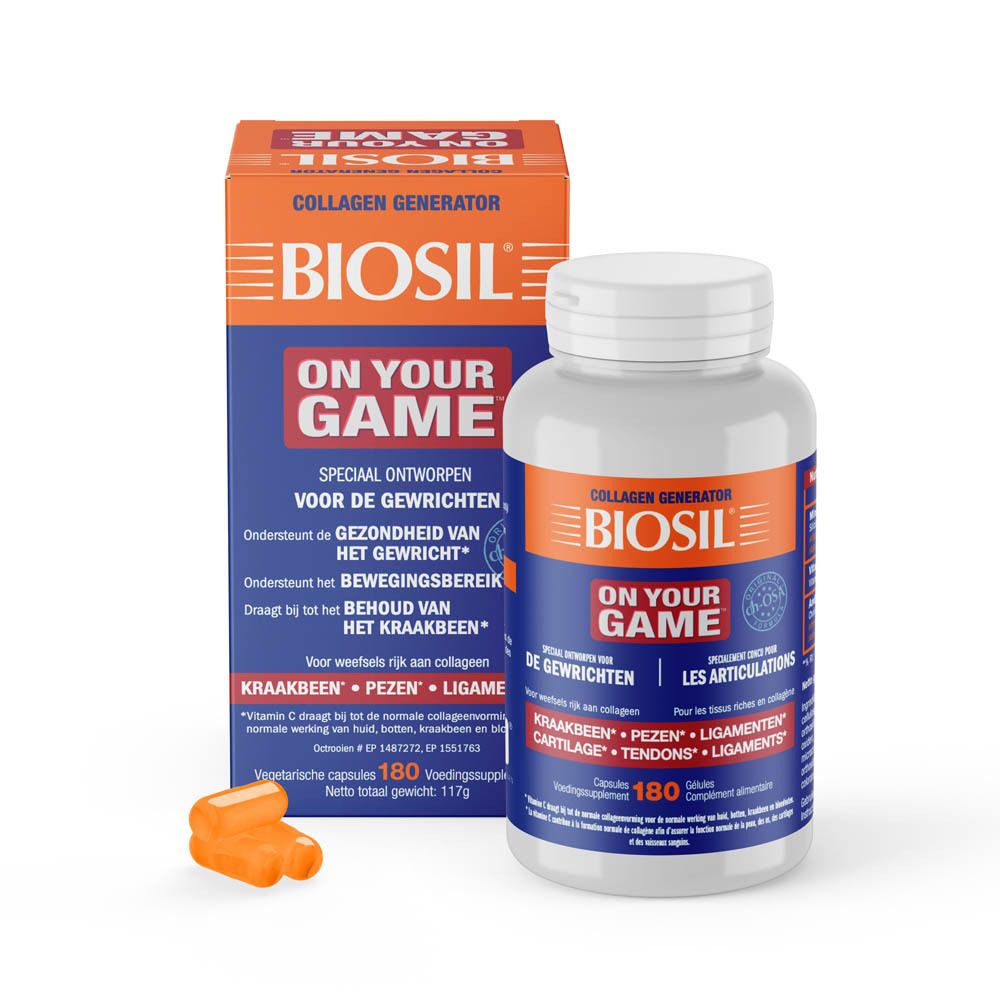 Productverpakking met fles en capsules. Opschrift: BIOSIL, ON YOUR GAME. 180 capsules. Voor kraakbeen, pezen en ligamenten.