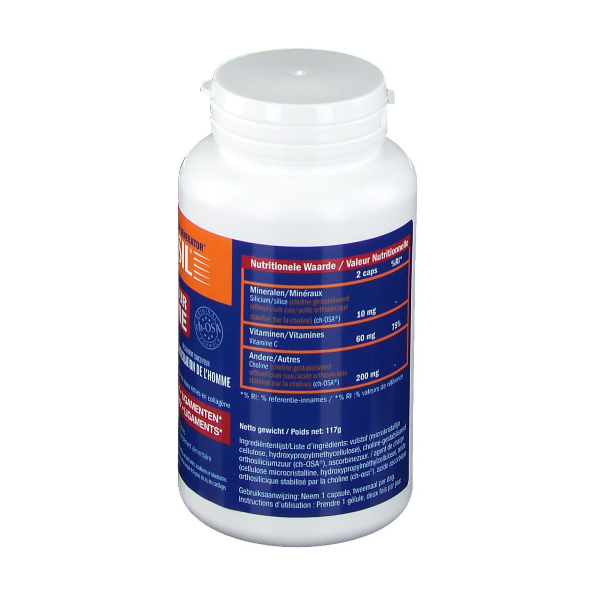 Achterkant van de witte fles. Bevat voedingswaarde-informatie. Bevat mineralen, vitamine C en andere ingrediënten. 117g.
