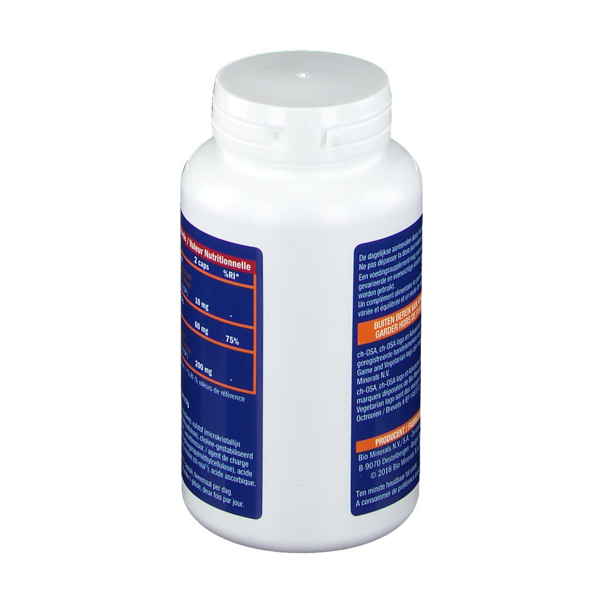 Achterkant van de witte fles. Bevat voedingswaarde-informatie. Bevat mineralen, vitamine C en andere ingrediënten. 117g.