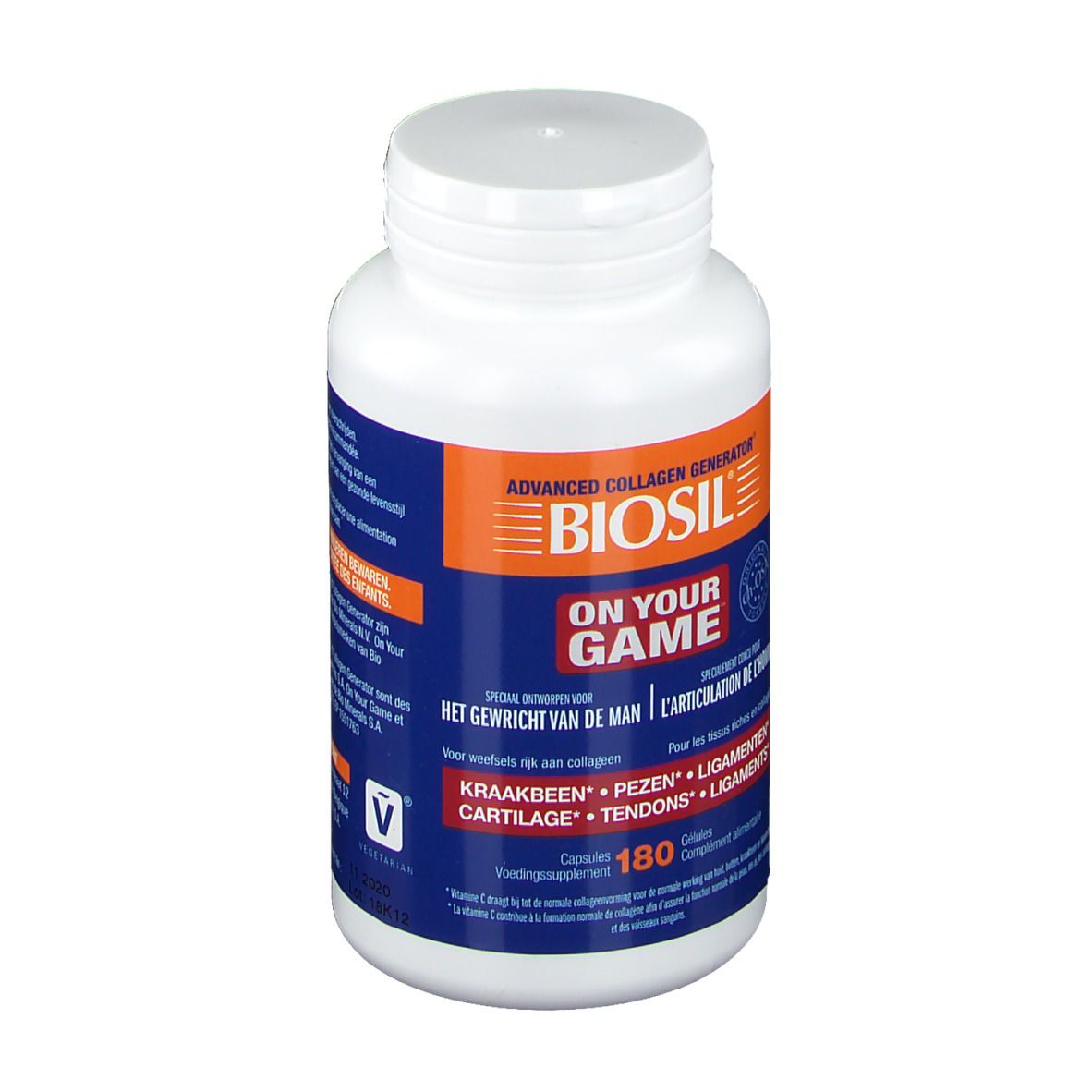 Witte fles met capsules. Opschrift: BIOSIL, ON YOUR GAME. Bevat 180 capsules. Voor kraakbeen, pezen en ligamenten.