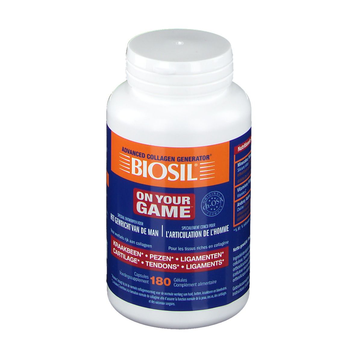 Witte fles met capsules. Opschrift: BIOSIL, ON YOUR GAME. Bevat 180 capsules. Voor kraakbeen, pezen en ligamenten.