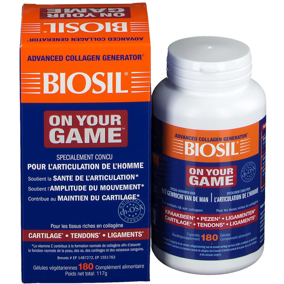 Productverpakking met fles. Opschrift: BIOSIL, ON YOUR GAME. Bevat 180 capsules. Voor kraakbeen, pezen en ligamenten.