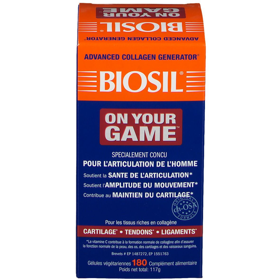 Productverpakking. Opschrift: BIOSIL, ON YOUR GAME. Voor kraakbeen, pezen en ligamenten. Bevat 180 capsules.