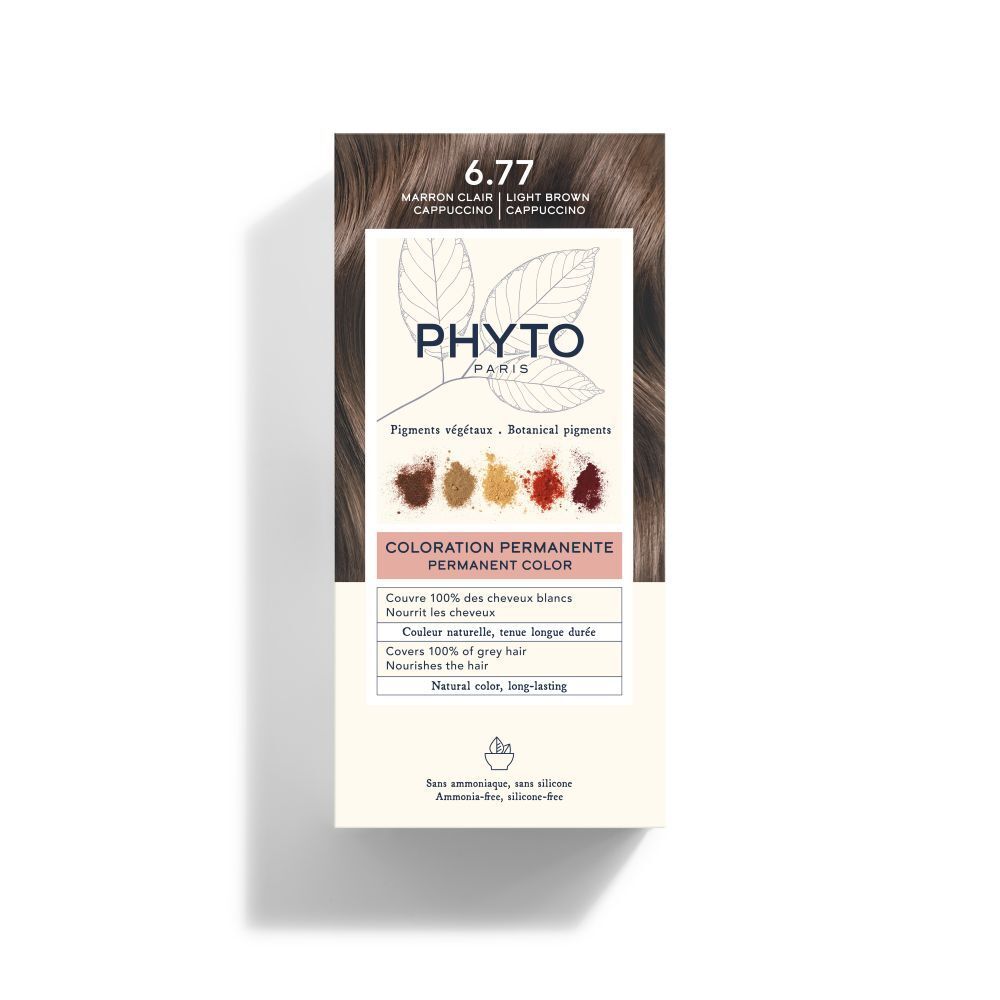 Haarkleurdoos. Tint 6.77, Light Brown Cappuccino. Merk PHYTO PARIS. Bevat plantaardige pigmenten.