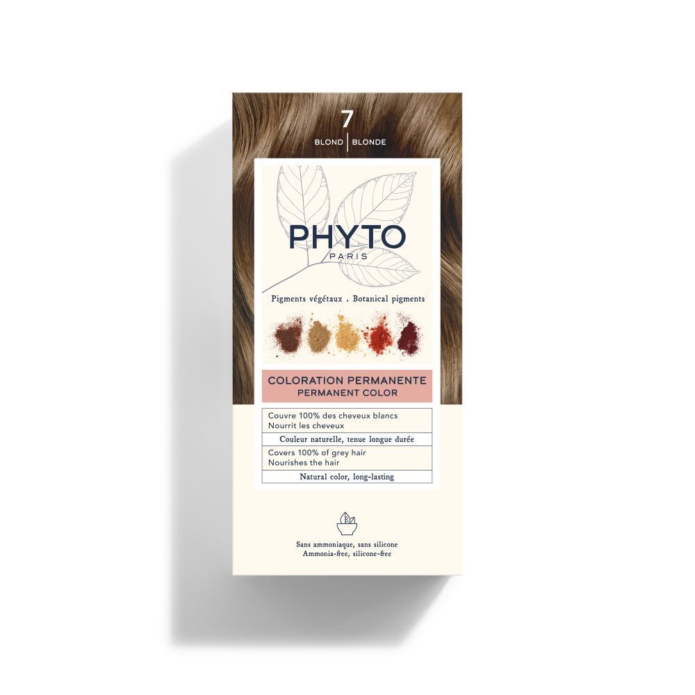 Boîte de coloration PHYTOCOLOR 7 blond. Inscriptions : PHYTO, pigments végétaux, coloration permanente. Numéro 7 et mention blond.