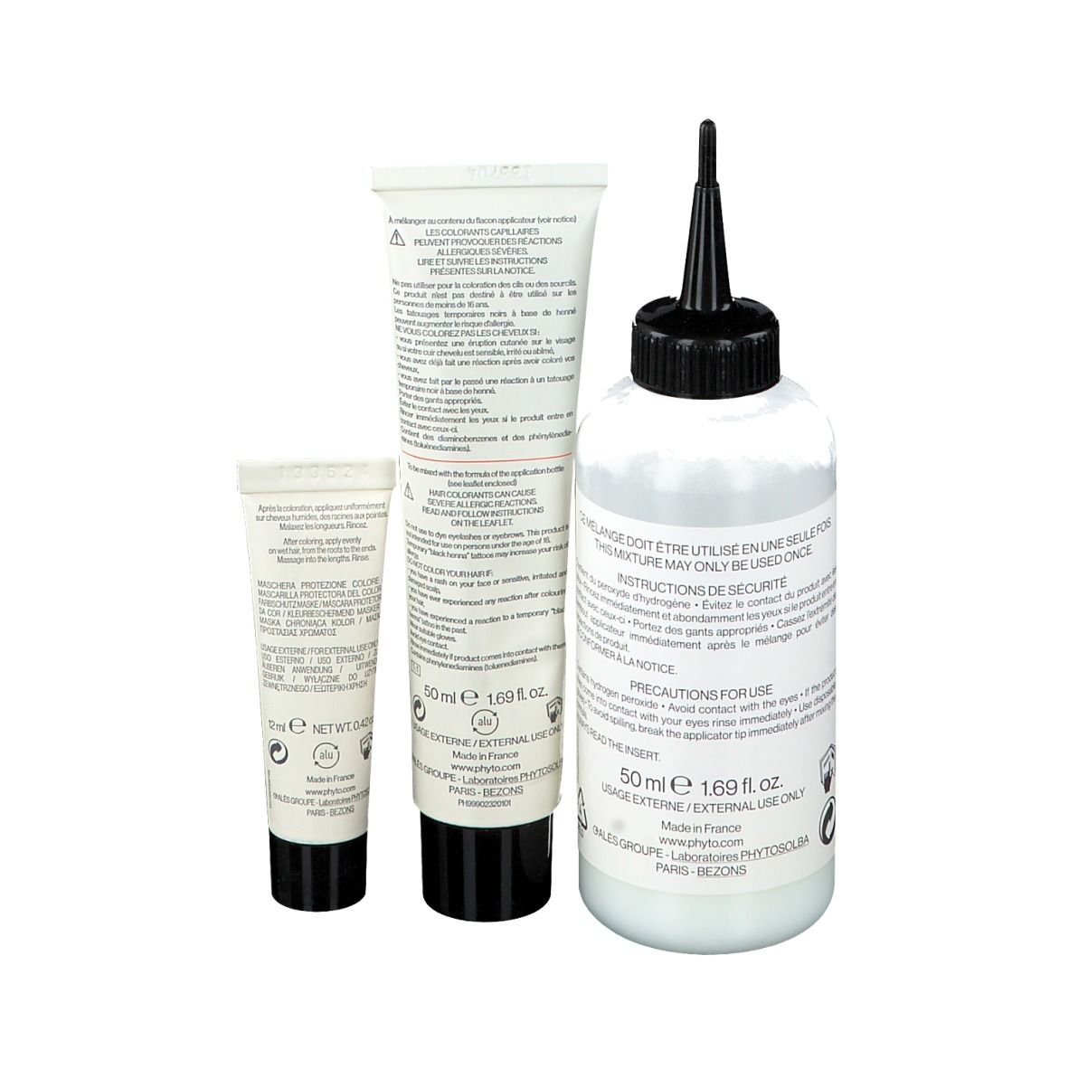 Fles, tube en kleine tube. Opschriften: PHYTO COLOR, 50 ml, 169 fl.oz.