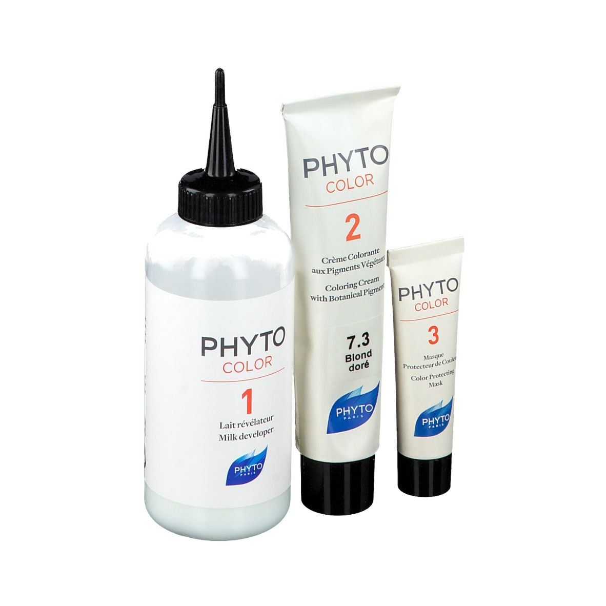 Haarkleurset met fles, tube en kleine tube. Opschrift: PHYTO COLOR, 7.3 Blondine Doré.