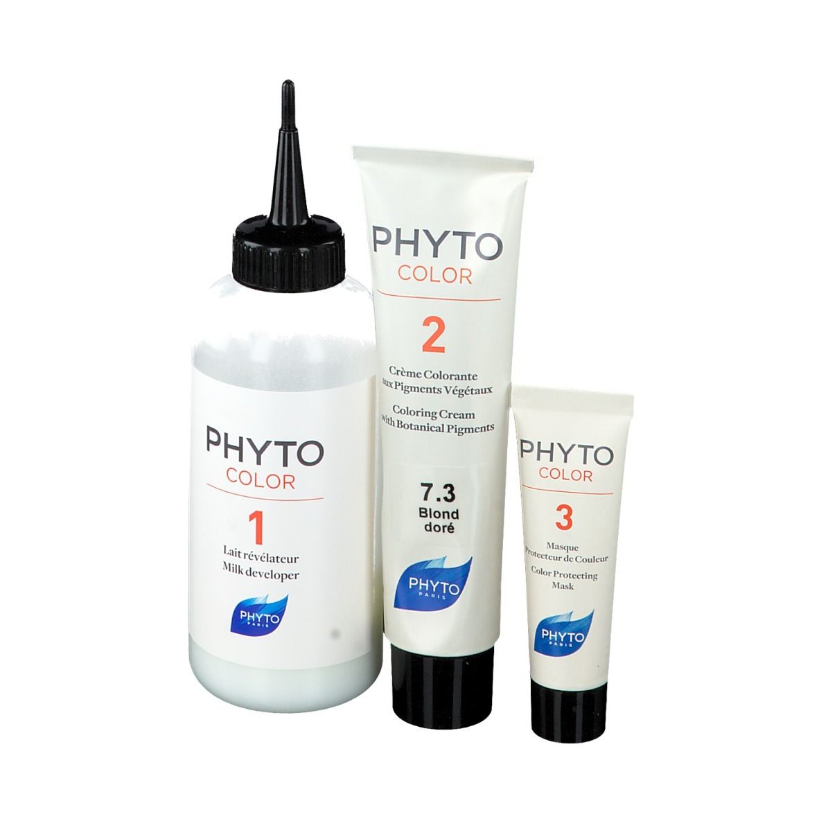 Haarkleurset met fles, tube en kleine tube. Opschrift: PHYTO COLOR, 7.3 Blondine Doré.