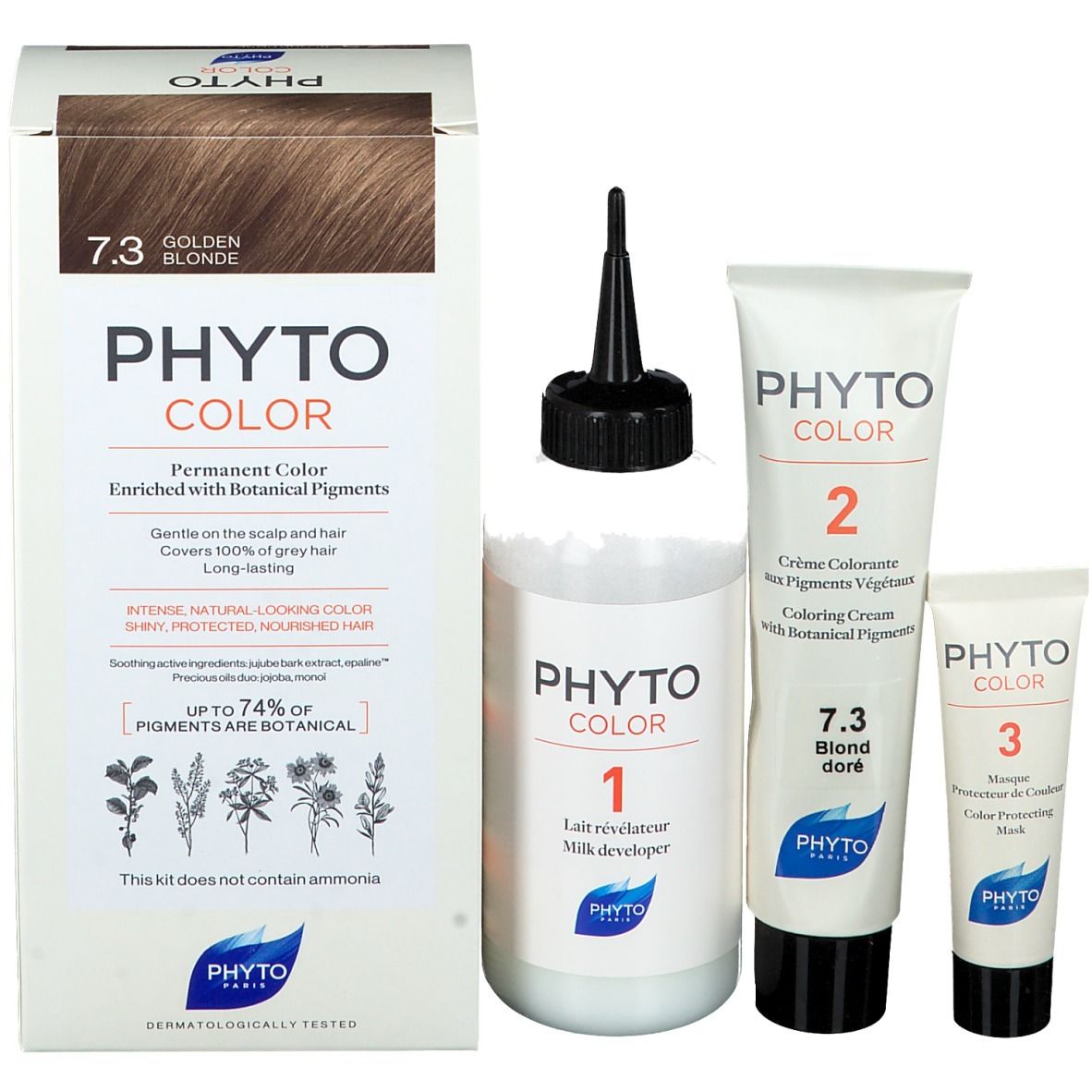 Productverpakking met fles, tube en kleine tube. Opschrift: PHYTO COLOR, 7.3 Golden Blonde.
