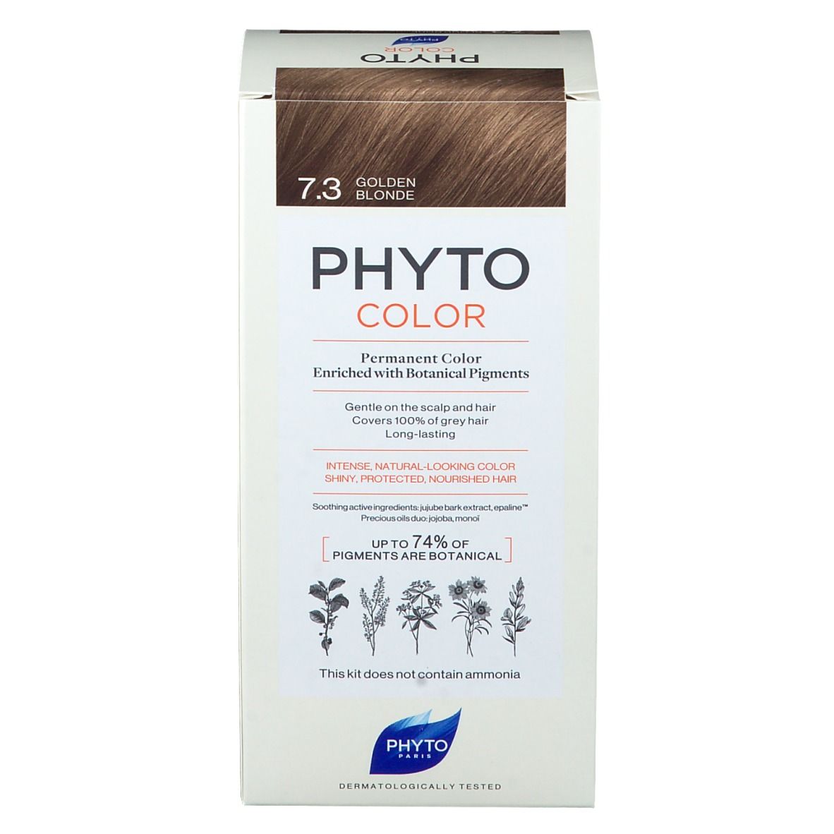 Productverpakking. Opschrift: PHYTO COLOR, 7.3 Golden Blonde.