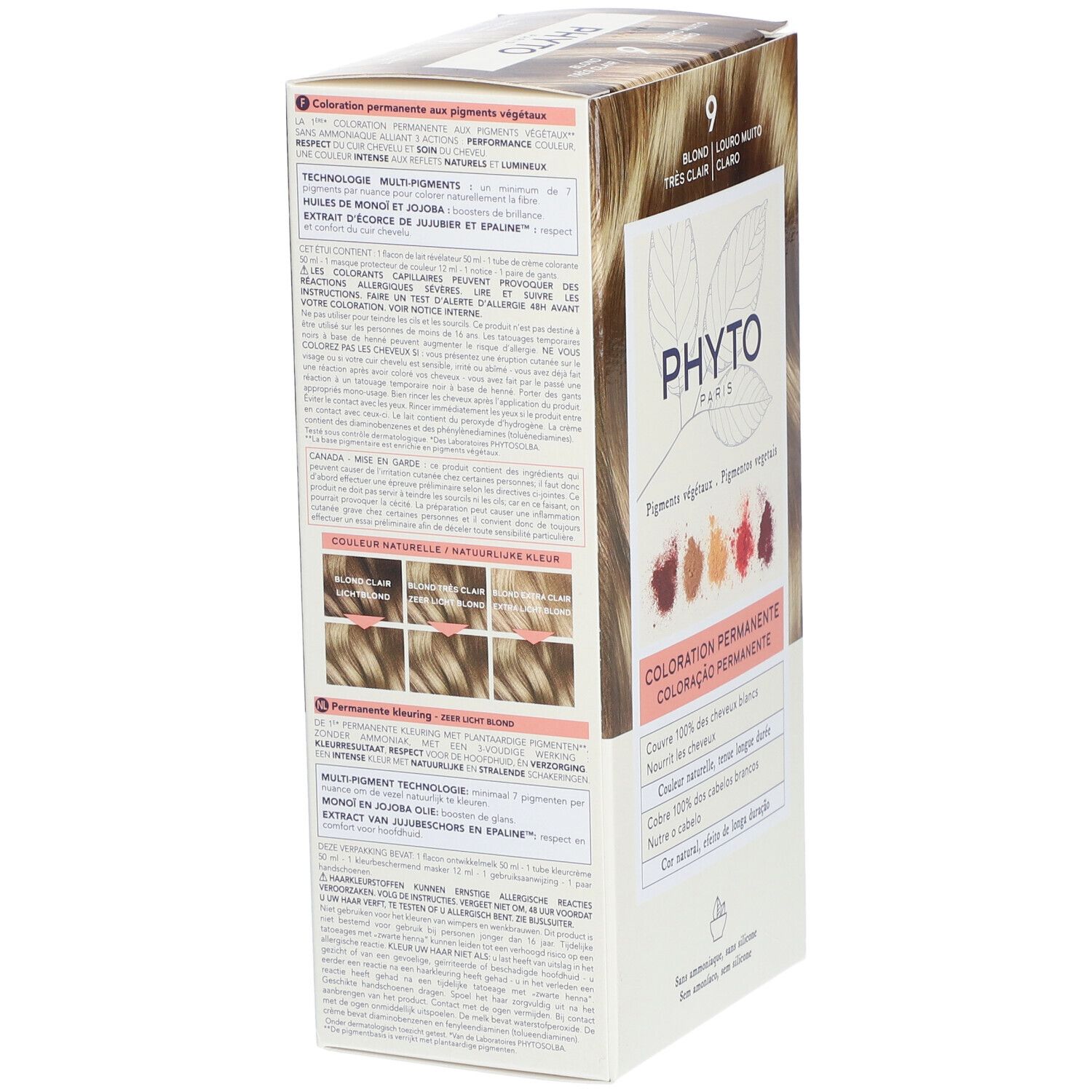 PHYTOCOLOR 9 Sehr hellblond. Verpackung mit Produktinformationen. Aufschrift: Coloration Permanente. Farbbeispiele und Inhaltsstoffe.