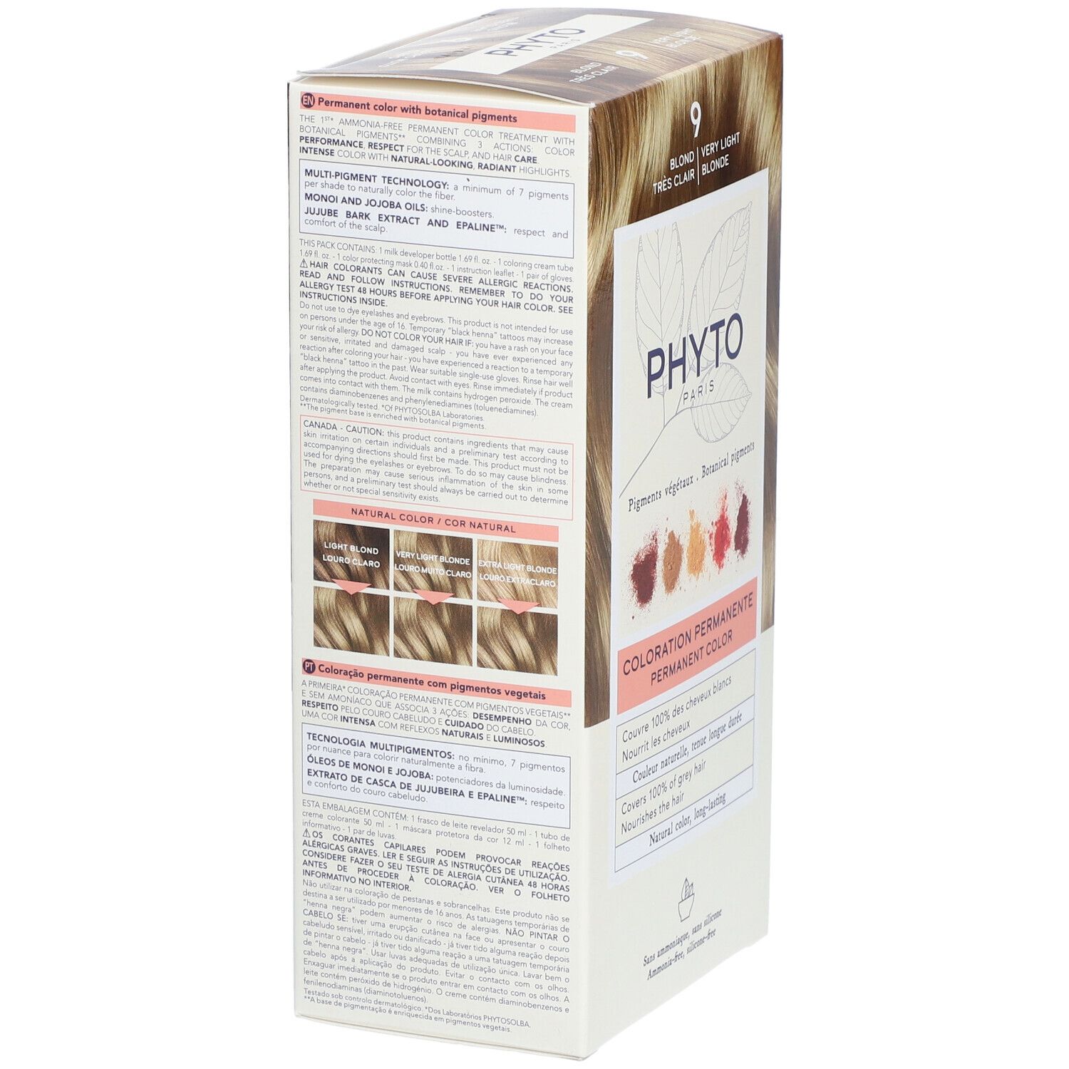 PHYTOCOLOR 9 Sehr hellblond. Verpackung mit Produktinformationen. Aufschrift: Coloration Permanente. Farbbeispiele und Inhaltsstoffe.