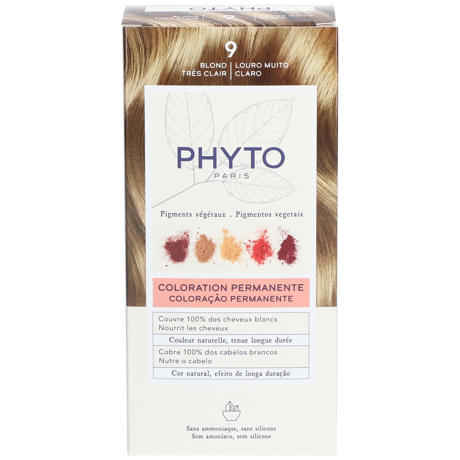 PHYTOCOLOR 9 Sehr hellblond. Karton mit Produktinformationen und Farbbeispielen. Aufschrift: Coloration Permanente.