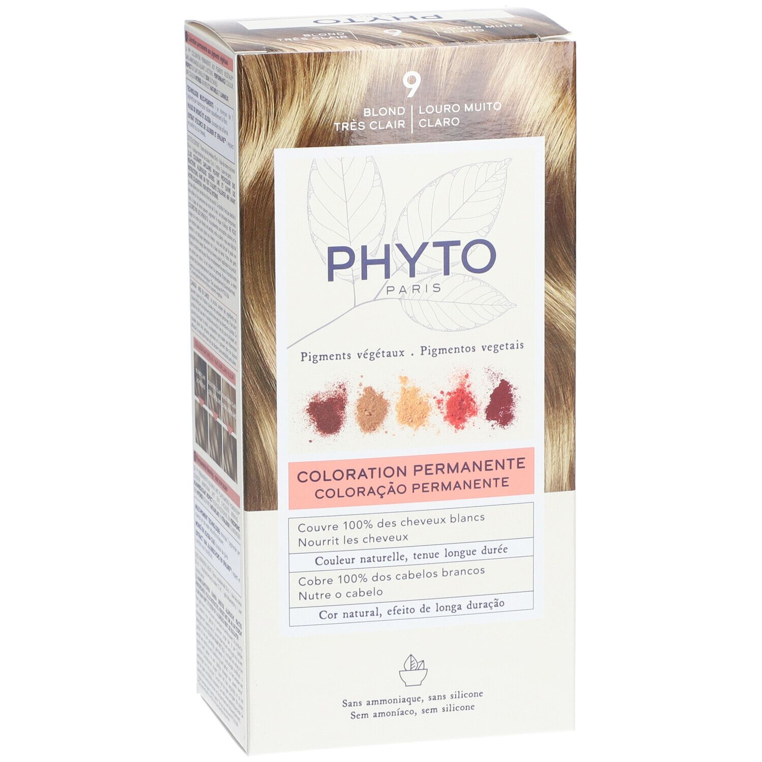 PHYTOCOLOR 9 Sehr hellblond. Karton mit Produktinformationen und Farbbeispielen. Aufschrift: Coloration Permanente.