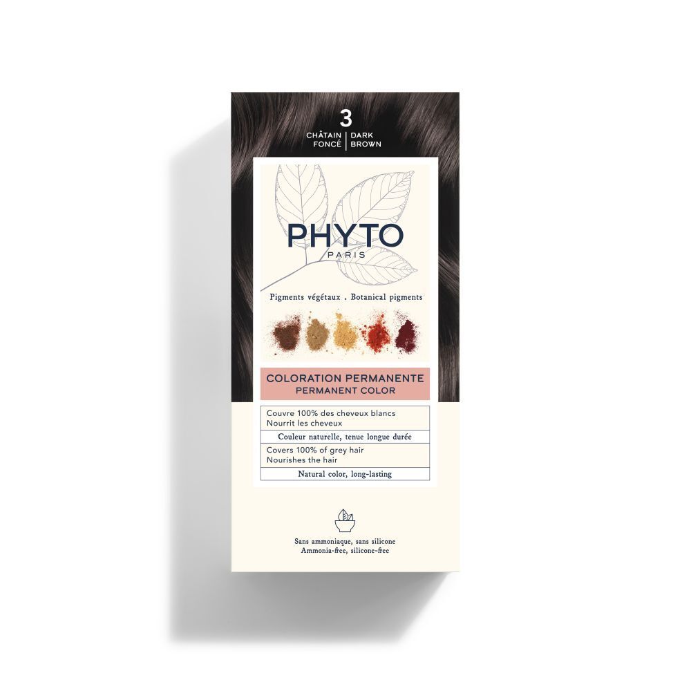 Boîte PHYTOCOLOR 3 châtain foncé. Inscriptions: pigments végétaux, coloration permanente. Couvre les cheveux blancs.