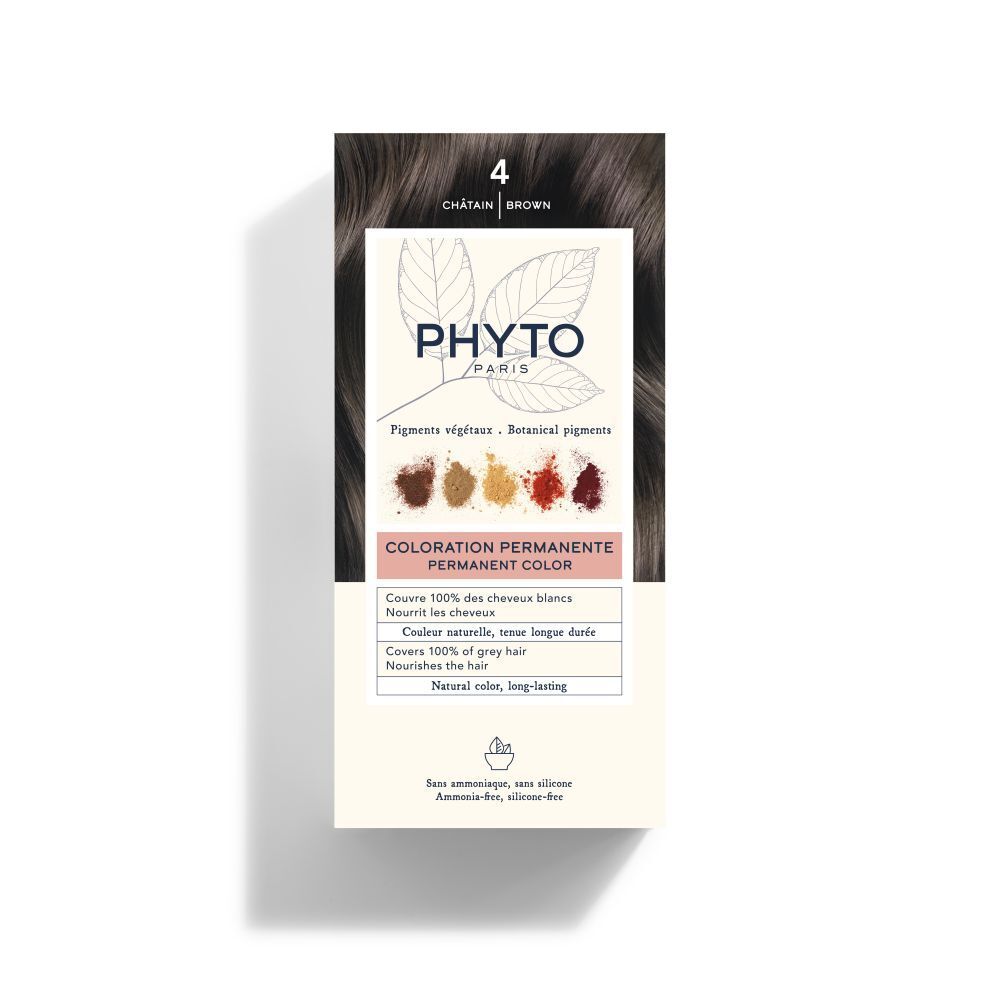 PHYTOCOLOR 4 Kastanje haarkleurdoos. Bevat plantaardige pigmenten. Merklogo en productinformatie.