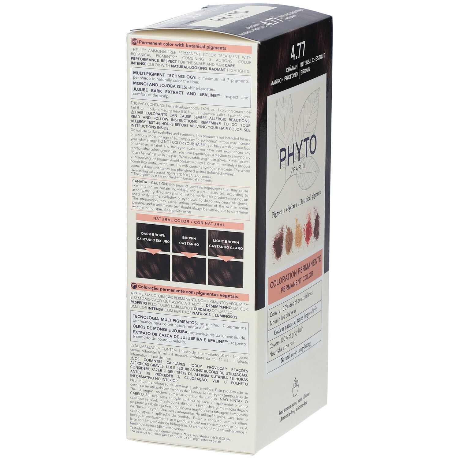 Rückseite der Haarfarbenverpackung PHYTOCOLOR 4.77. Produktinformationen, Farbbeispiele und Anwendungsanweisungen. Permanente Coloration.