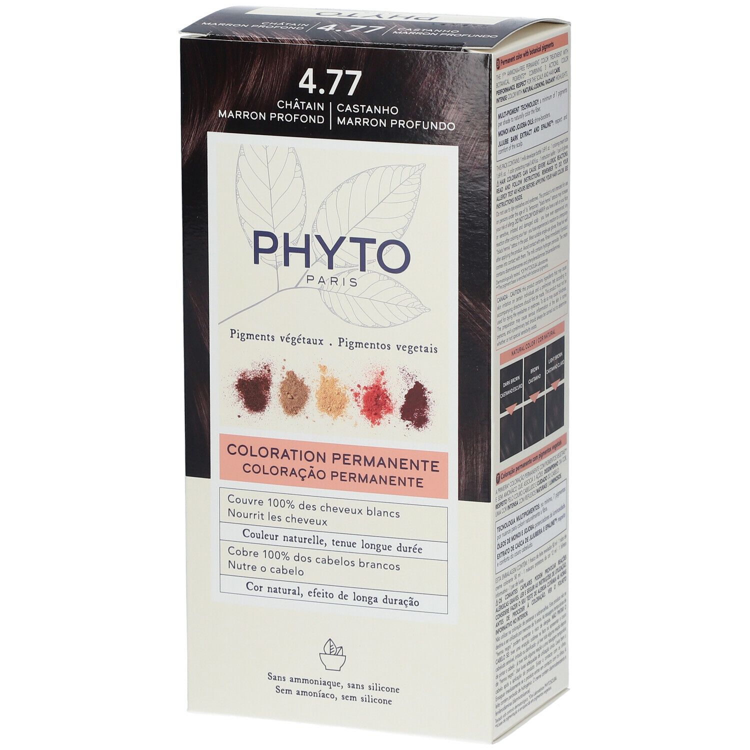 Haarfarbenverpackung PHYTOCOLOR 4.77 kastanienbraun. Produktinformationen und Farbbeispiele. Deckt 100% der grauen Haare ab.