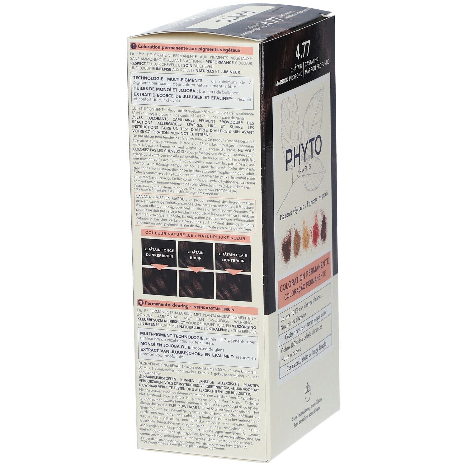 Rückseite der Haarfarbenverpackung PHYTOCOLOR 4.77. Produktinformationen, Farbbeispiele und Anwendungsanweisungen. Permanente Coloration.
