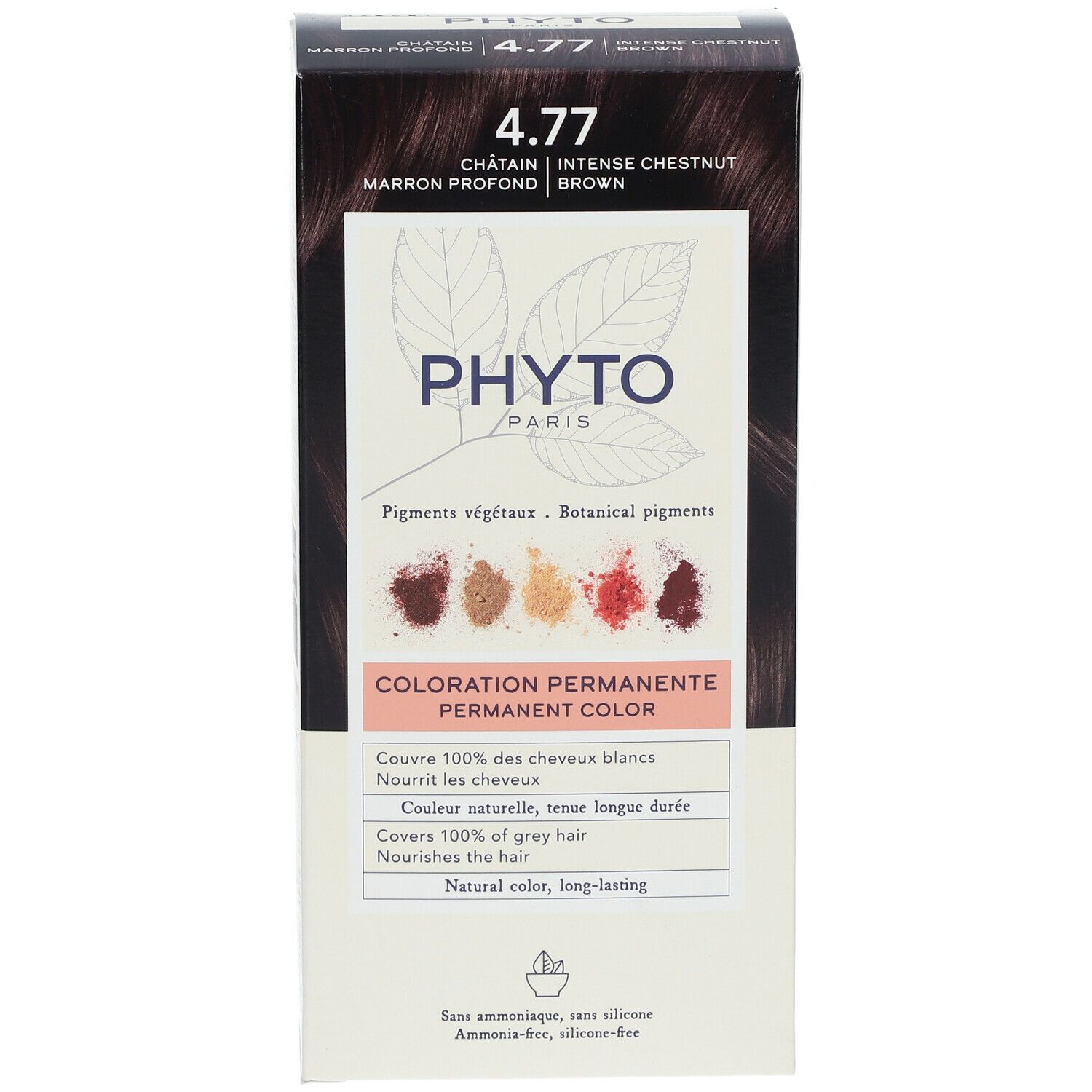 Haarfarbenverpackung PHYTOCOLOR 4.77 kastanienbraun. Produktinformationen und Farbbeispiele. Deckt 100% der grauen Haare ab.