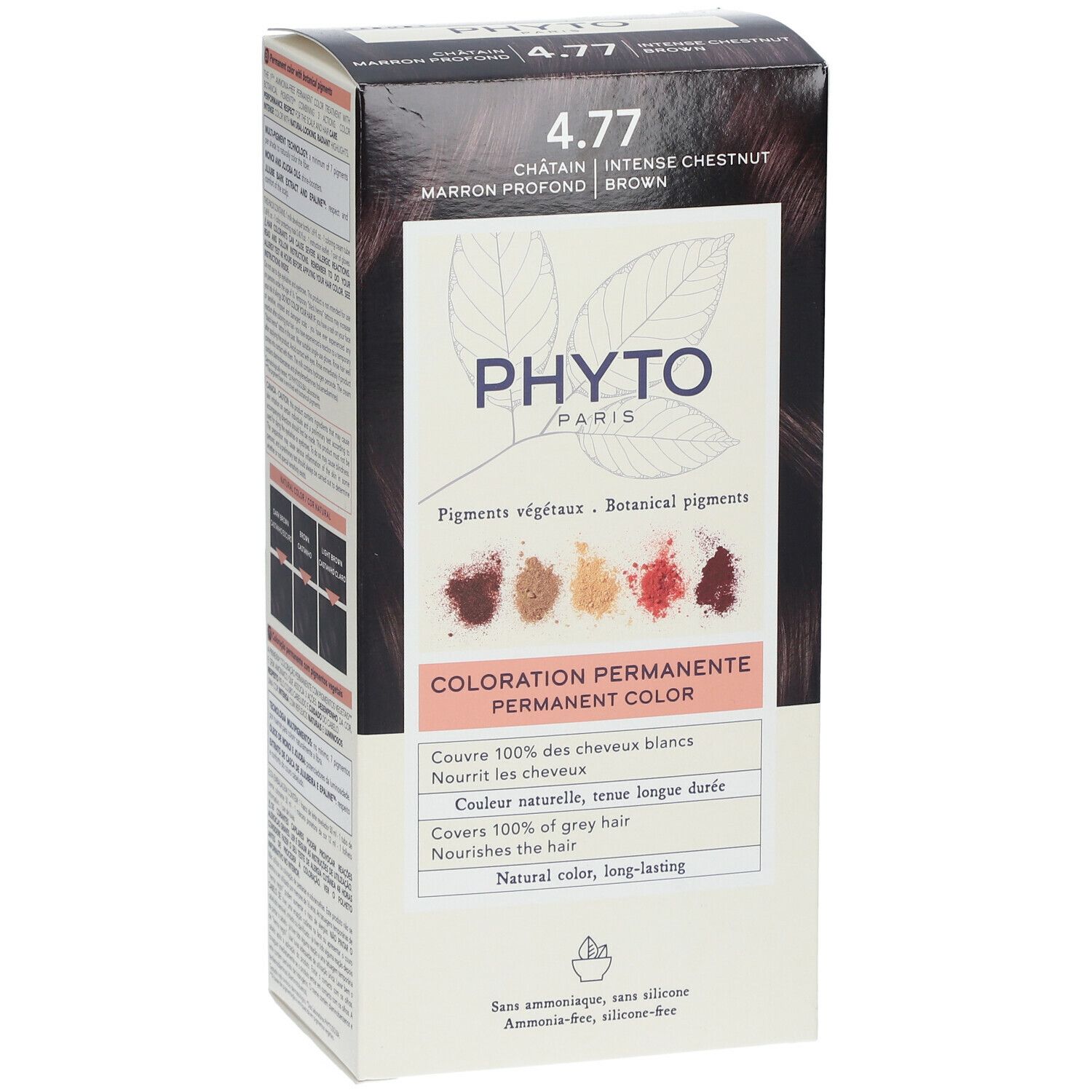 Haarfarbenverpackung PHYTOCOLOR 4.77 kastanienbraun. Produktinformationen und Farbbeispiele. Deckt 100% der grauen Haare ab.