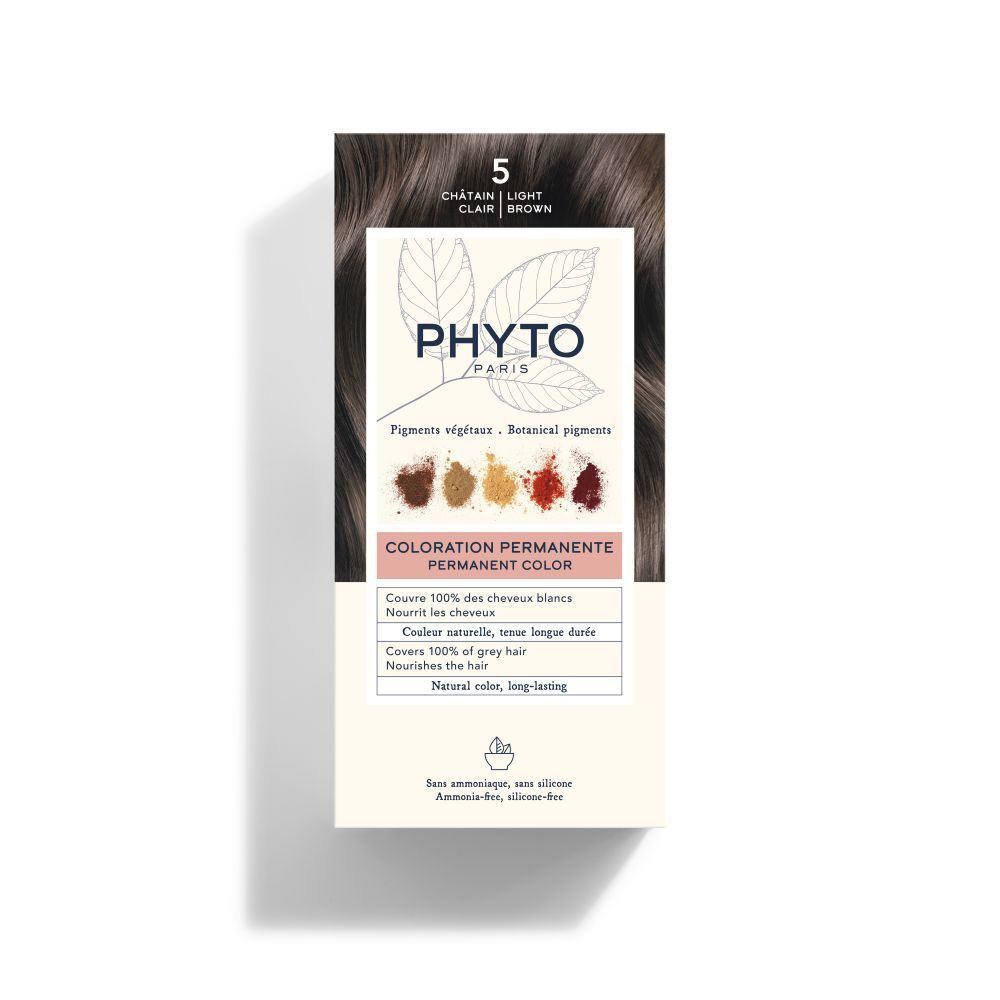 Boîte PHYTOCOLOR. Face avant avec nom, teinte, exemples de couleurs et description. Sans ammoniaque.