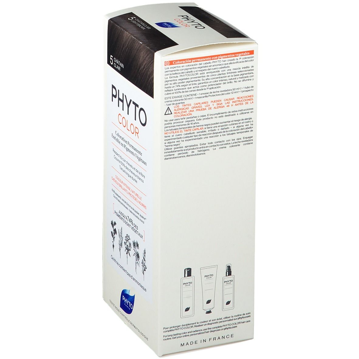 Rückseite der PHYTOCOLOR 5 helles braun Packung. Textinformationen, Warnhinweise und Abbildungen von Produkten.