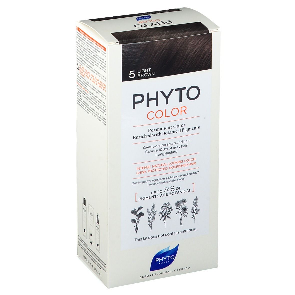 PHYTOCOLOR 5 helles braun Packung. Vorderseite mit Produktnamen, Farbton und Beschreibung. Botanische Pigmente.