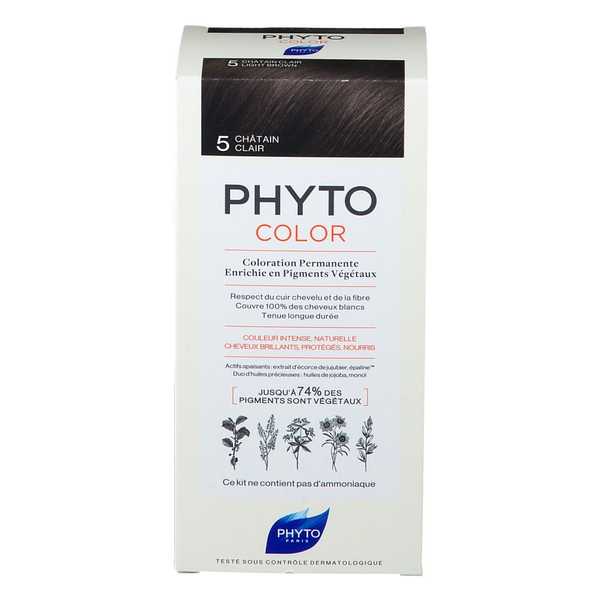 PHYTOCOLOR 5 helles braun Packung. Vorderseite mit Produktnamen, Farbton und Beschreibung. Dermatologisch getestet.