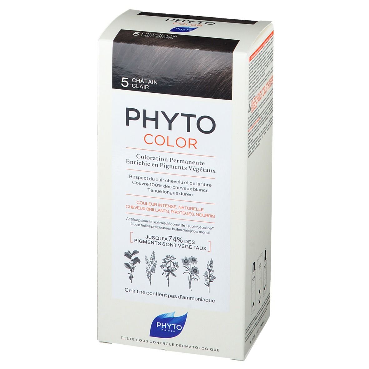 PHYTOCOLOR 5 helles braun Packung. Vorderseite mit Produktnamen, Farbton und Beschreibung. Dermatologisch getestet.