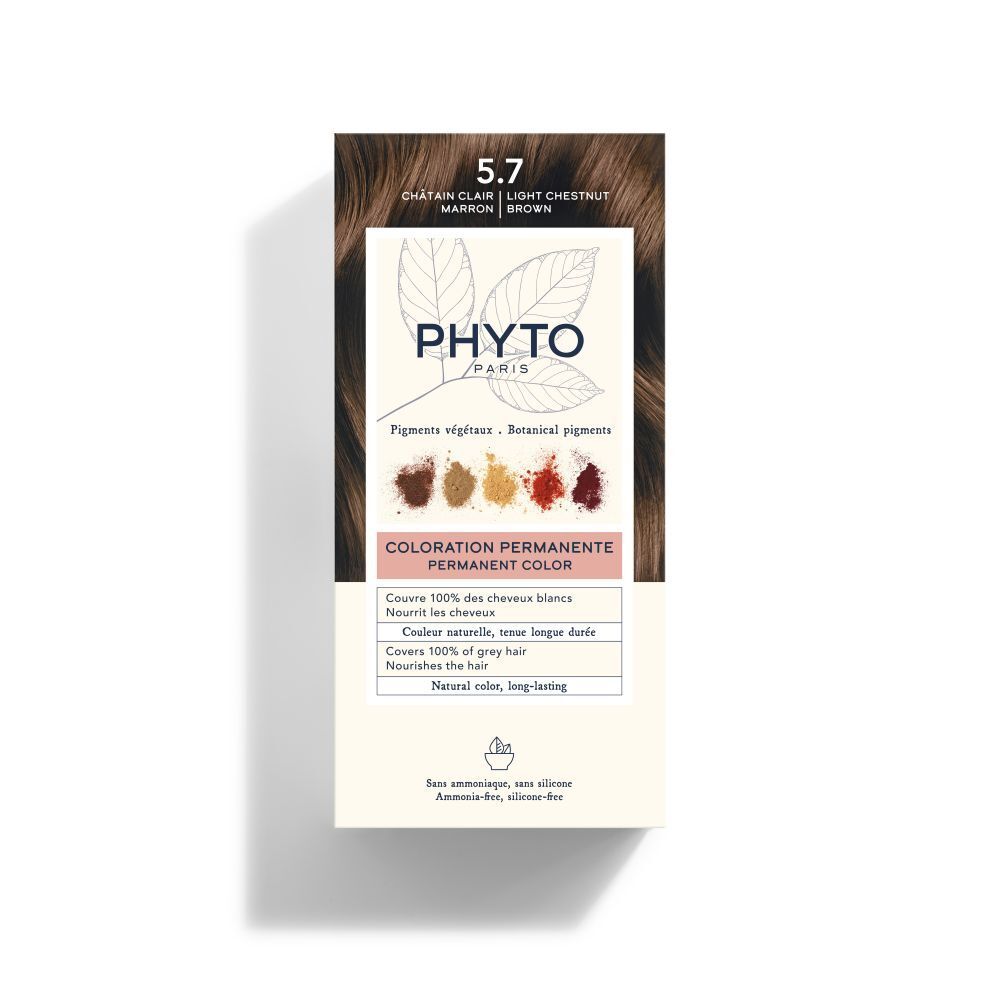 PHYTOCOLOR 5.7 Lichtbruin bruin bruin. Doos met productinformatie en kleurstalen. Bevat plantaardige pigmenten.