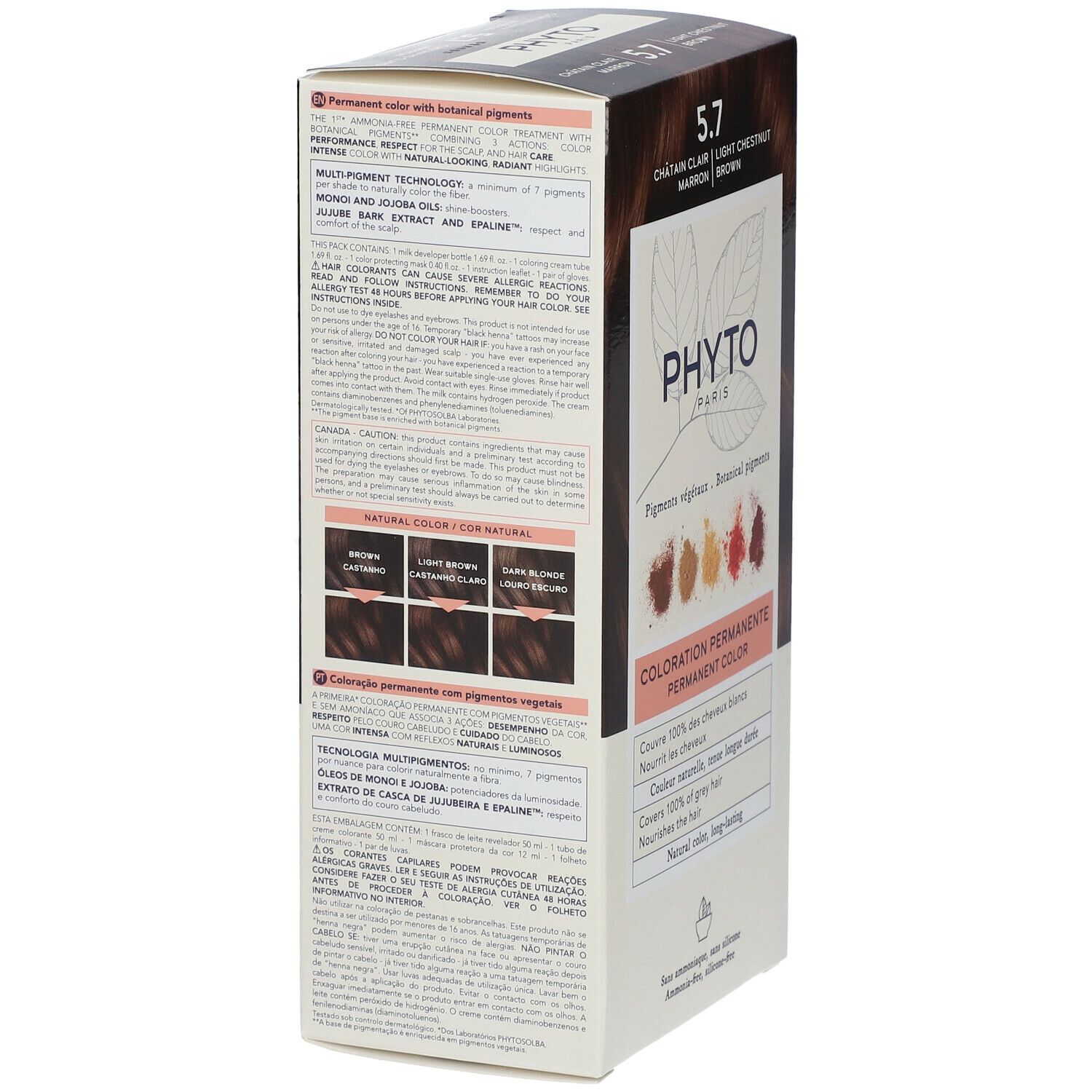PHYTOCOLOR 5.7 verpakking. Zijaanzicht met productinformatie, ingrediënten en kleurstalen. Plantaardige pigmenten.