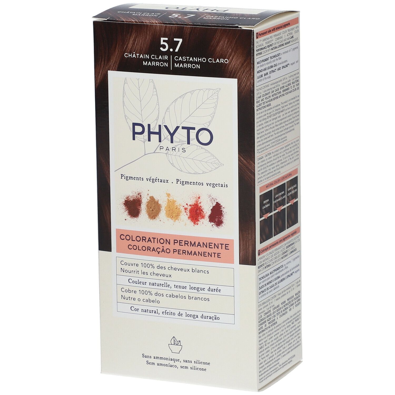 PHYTOCOLOR 5.7 Lichtbruin bruin bruin. Doos met productinformatie en kleurstalen. Bevat plantaardige pigmenten.