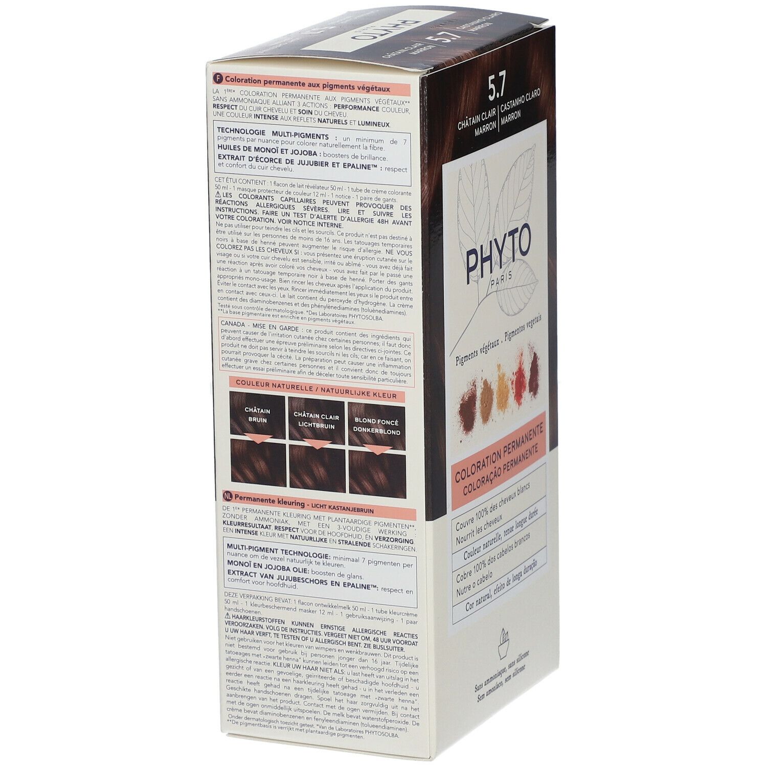 PHYTOCOLOR 5.7 verpakking. Zijaanzicht met productinformatie, ingrediënten en kleurstalen. Plantaardige pigmenten.