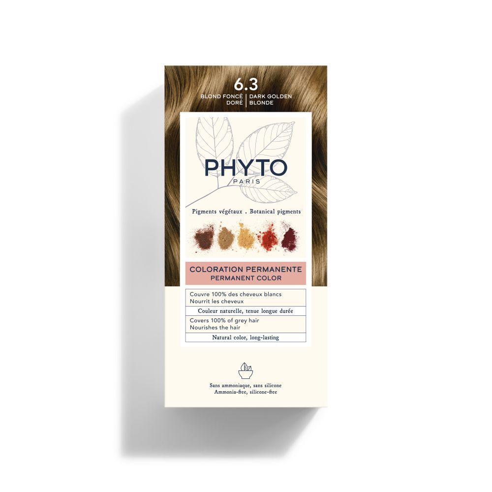 Boîte de coloration capillaire PHYTO COLOR 6.3 Blond foncé doré. Pigments végétaux. Couvre les cheveux blancs.