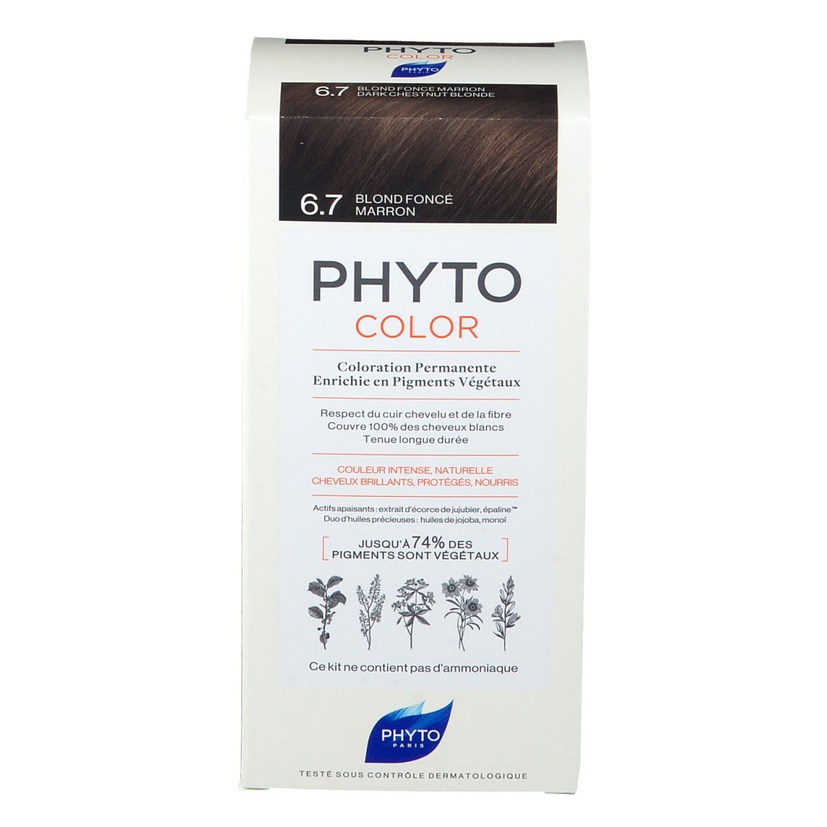 Boîte de PHYTOCOLOR 6.7 Blond Fonce Marron. Inscription: 6.7 Blond Fonce Marron. Contient jusqu'à 74% de pigments végétaux.