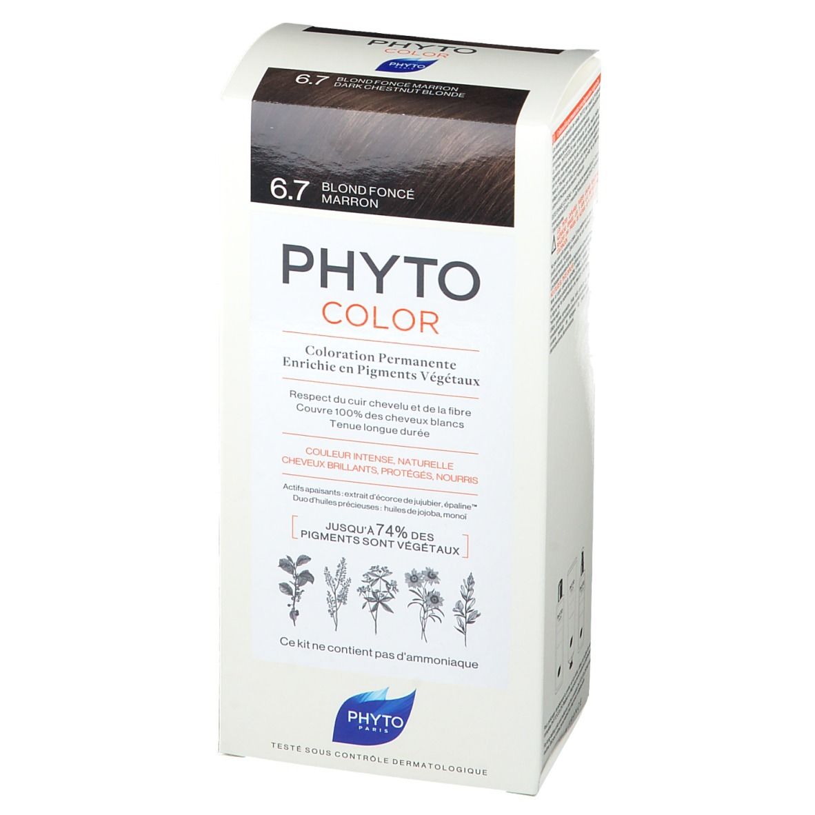 Boîte de PHYTOCOLOR 6.7 Blond Fonce Marron. Inscription: 6.7 Blond Fonce Marron. Contient jusqu'à 74% de pigments végétaux.