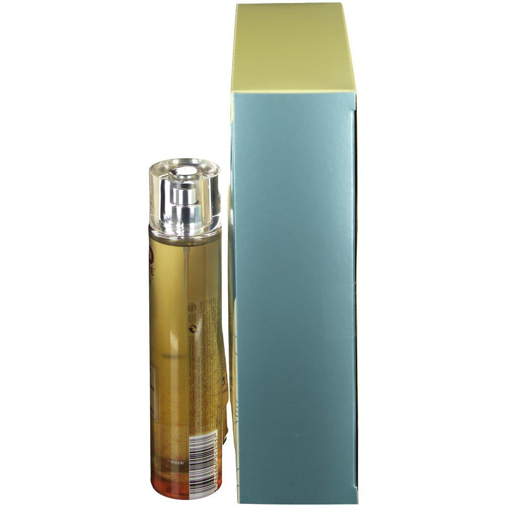Boîte haute et étroite avec flacon. Flacon avec bouchon transparent. Boîte bleue et jaune. Texte sur le flacon.