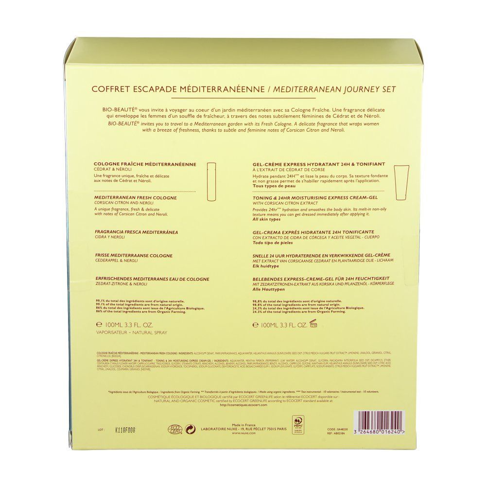 Dos de la boîte. Texte multilingue. Noms des produits et ingrédients. Boîte jaune et bleue. Logos et certifications.
