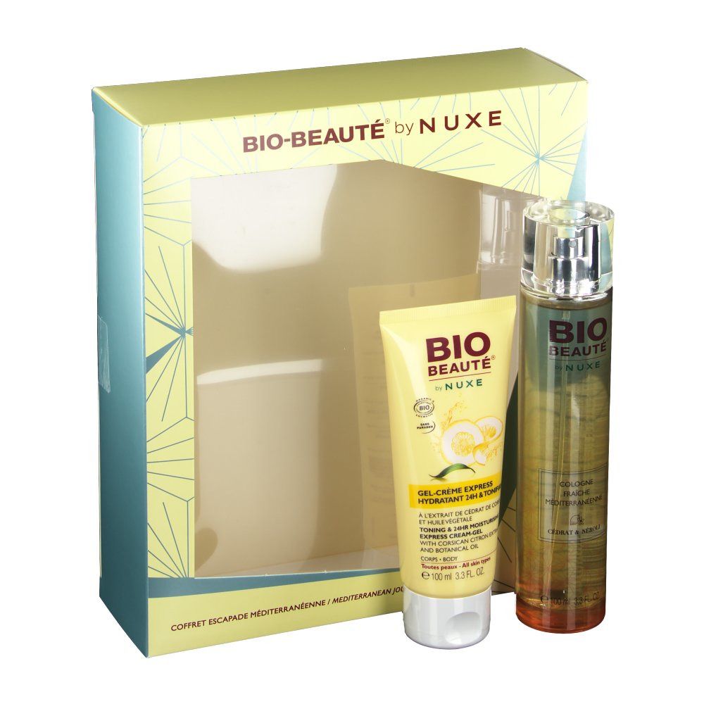 Coffret cadeau avec deux produits : gel-crème et flacon. Tube de gel-crème à étiquette jaune. Flacon avec bouchon transparent.