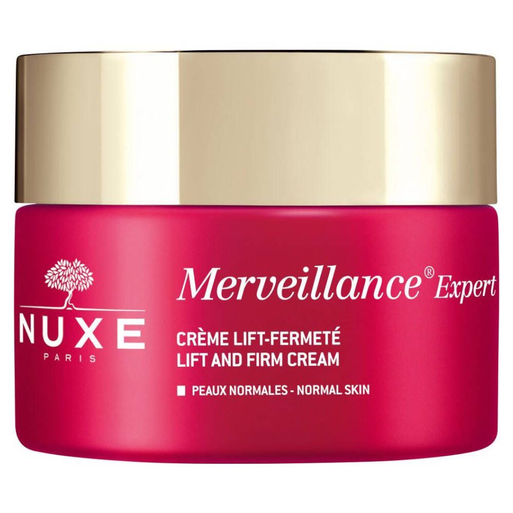 Pot rouge avec couvercle doré. Inscription : Merveillance Expert, Crème Lift-Fermeté, Lift and Firm Cream.