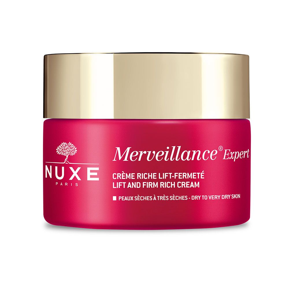 Pot rouge avec couvercle doré. Inscription: NUXE, Merveillance Expert, crème pour peaux sèches à très sèches.